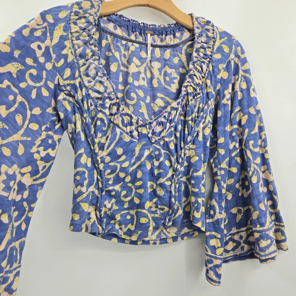 Free People Top On The Block Small Blue Cotton Batik Print Smocked Wide‎ Sleeve